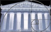 A graphic showing a recreation of the Parthenon against the Golden Rectangle