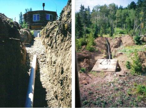 The drain pipes leave the septic tank and heads down to two different leach fields Pics of the septic system