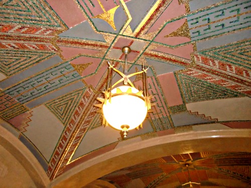 Art Deco Ohio Supreme Court Building Indian pattern mosaic and globe lights suspended by arrows