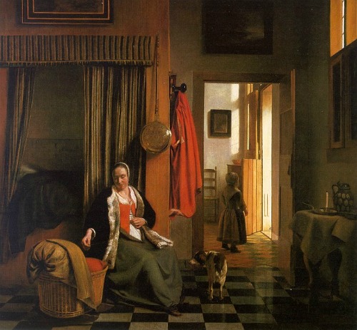 Houses in Art - Interior - Pieter de Hooch - Mother Lacing her Bodice with Cradle - 1663