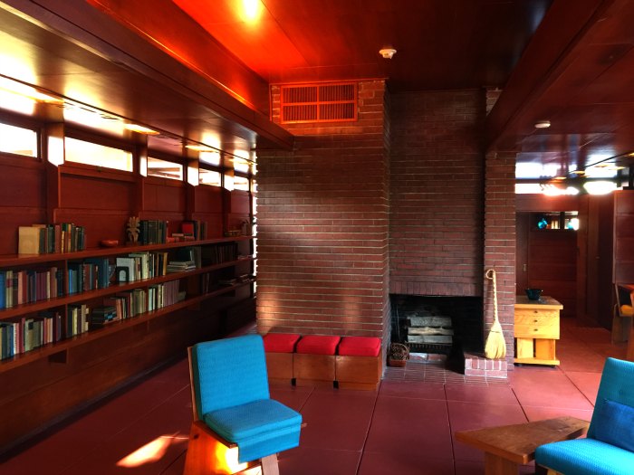 A view of the Living Room hearth in the Rosenbaum House, a Frank Lloyd Wright Usonian House