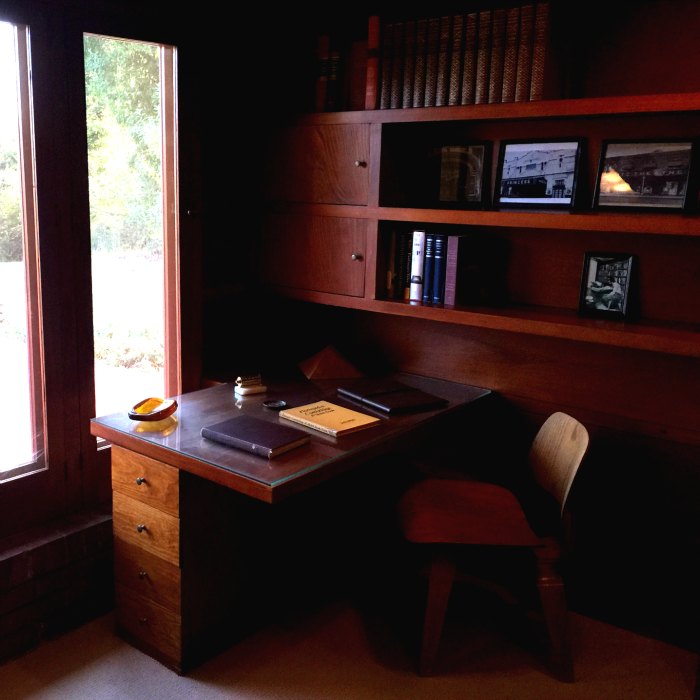 A built in desk in the study of the Rosenbaum House, a Frank Lloyd Wright Usonian House