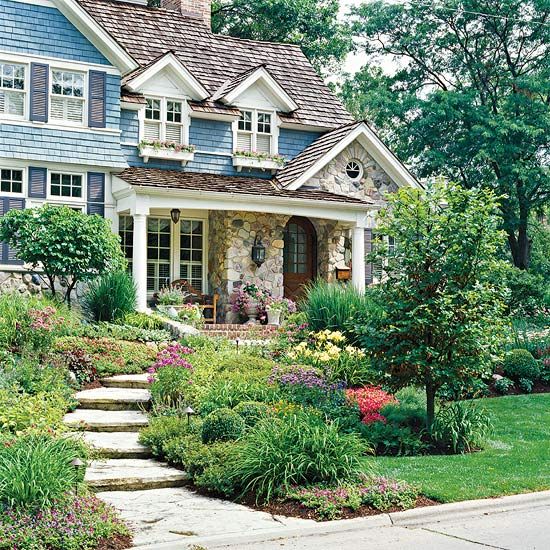 A good decorative front door deserves a good set up.  Here the path and garden and porch are at the service of the door.