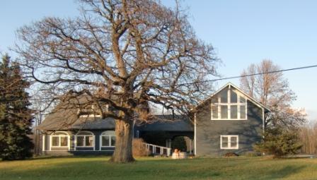 House and detached garage connected with a walkway