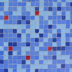 Bathroom floor tile pattern using mix of blues with red pop - bathroom tile design ideas