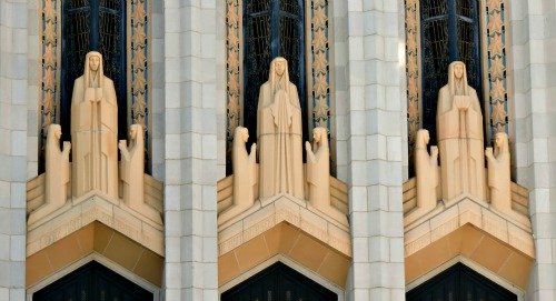 Art Deco statues found  immediately above the doors to Boston Avenue Methodist