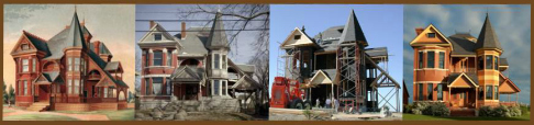 A collage of pics showing a Victorian reproduction house and the original