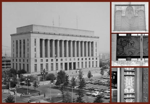 Art Deco Classical collage showing the Davidson County Courthouse with some of the Art Deco details
