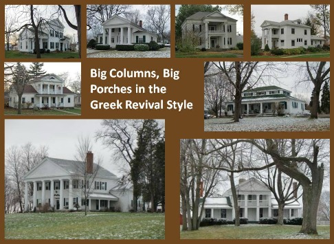 These Greek Revival homes all bear the temple columns that we associate with Greek Revival architecture. / Temple columns aren't required but they sure let you know that this is a Greek Revival style home