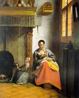 Houses in Art - Interiors- Pieter de Hooch - A Woman Nursing an Infant with a Child and a Dog - 1660