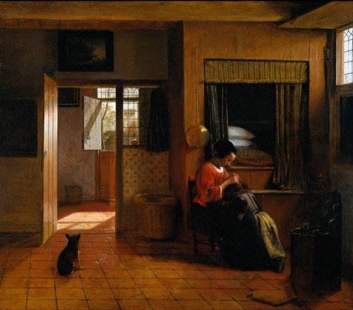In this painting by Pieter de Hooch we can a window on an interior wall between the foyer and the bedroom.