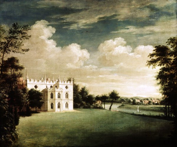 Strawberry Hill , Horace Walpole's little Gothick castle, by Johann Heinrich Muntz, courtesy Greenhorn at Wikimedia, http://commons.wikimedia.org/wiki/File:Johann_Heinrich_M%C3%BCntz_Strawberry_Hill_Twickenham_1755-1759_Horace_Walpole.jpg