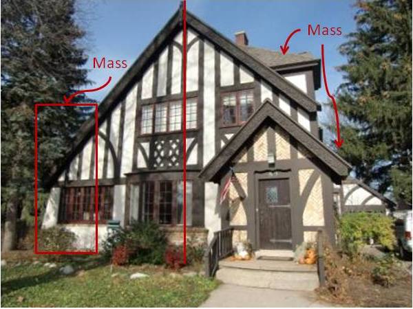 Architectural Balance -This Tudor-style half-timbered house is shown as an example of asymmetrical balance