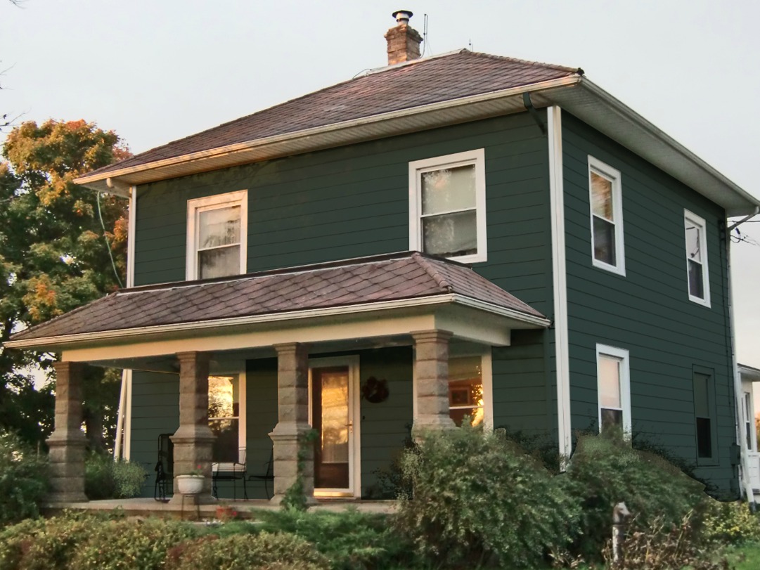 My house simulated in a gray green blue paint but I removed the shutters